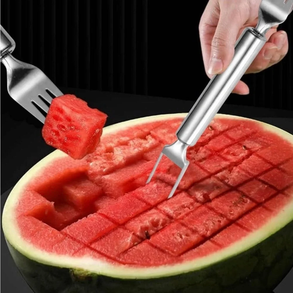 2-Pc Stainless Steel 2-in-1 Watermelon Cutter and Fork NIB